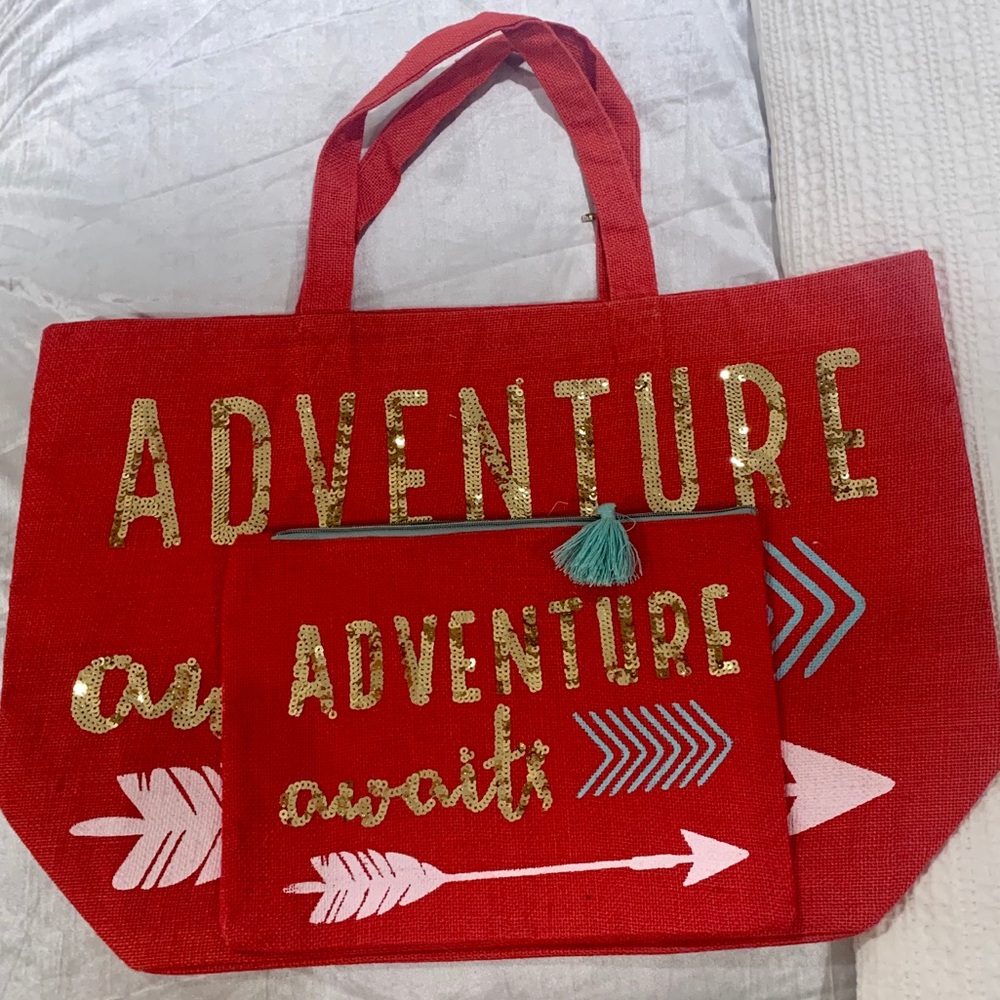 Fun red tote bag. "Adventure Awaits"